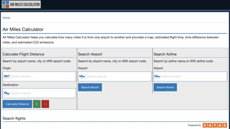 Air Miles Calculator website screenshot