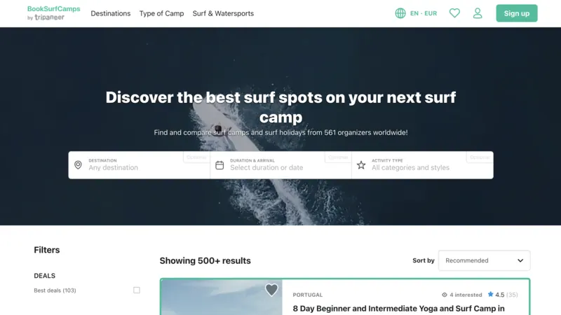 Book Surf Camps website screenshot