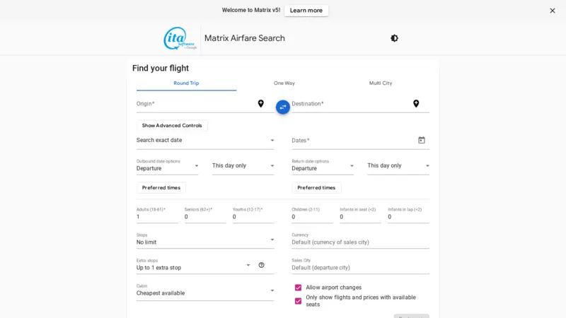 ITA Flight Matrix website screenshot