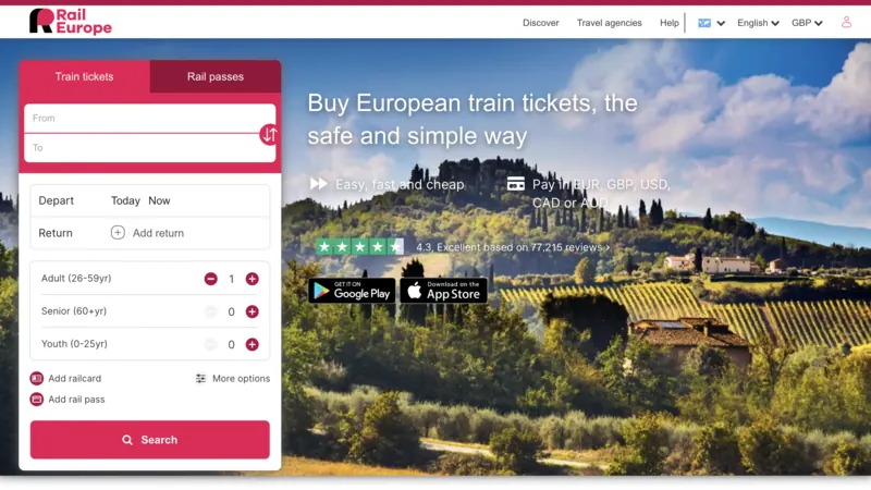 Rail Europe website screenshot